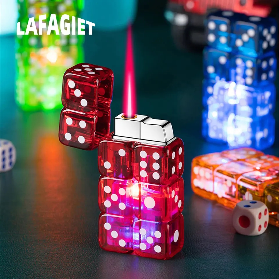 Cool Dice Lighter Red Fire Jet Flame Butane Torch LED Colorful Flash Windproof Gas Lighter