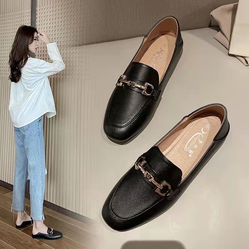 Single shoes, Jurchen moccasins, women's slip-on non-slip, flat-soled, British-style casual loafers, soft-soled lazy beanie shoes. 