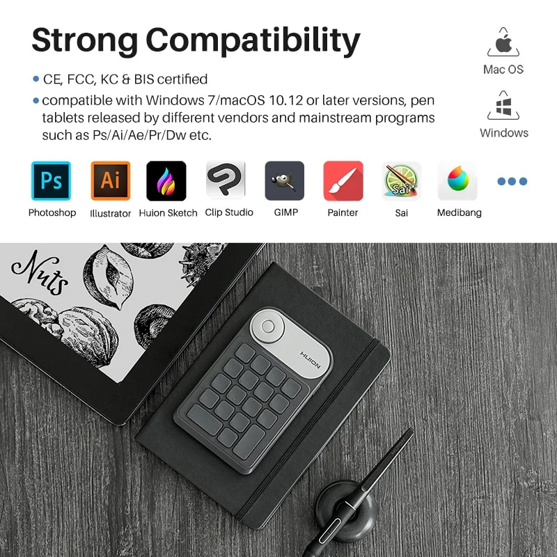 HUION Mini Wireless Keyboard KD100 K20 USB 2.4G Bluetooth 5.0 Connection Keydial for Graphic Tablets MacOS Windows PC Laptop. 