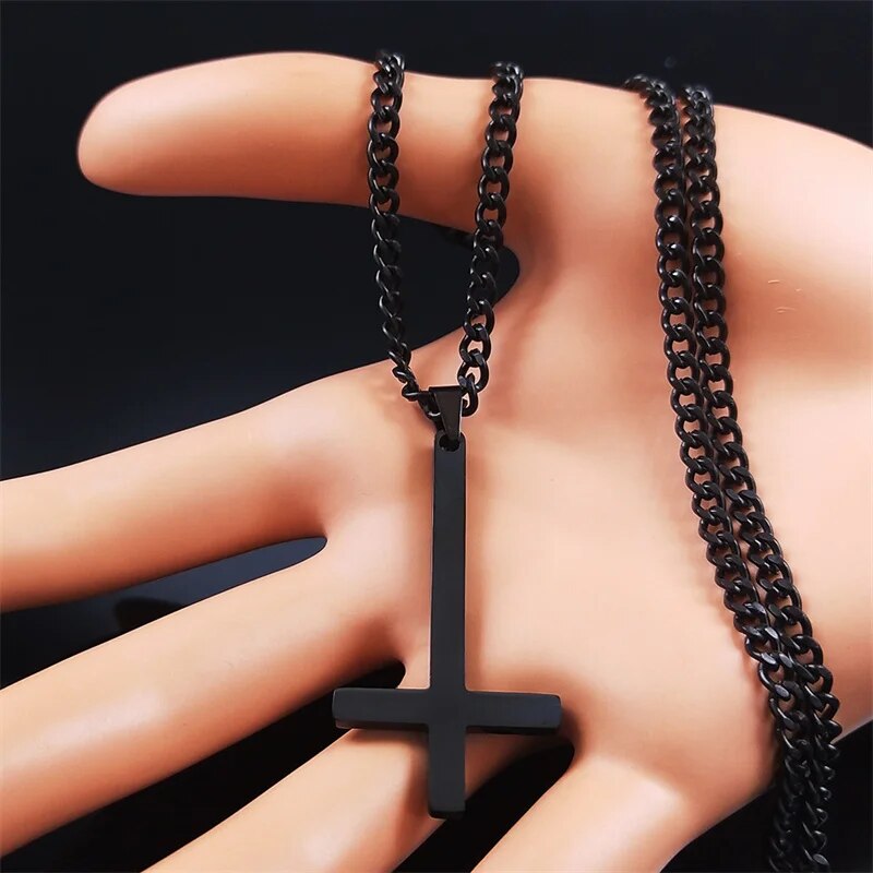 Stainless Steel Gothic Upside Down Cross Necklace Man Black Punk Inverted Cross Men Chains Goth Jewelry collar hombre N8006. 