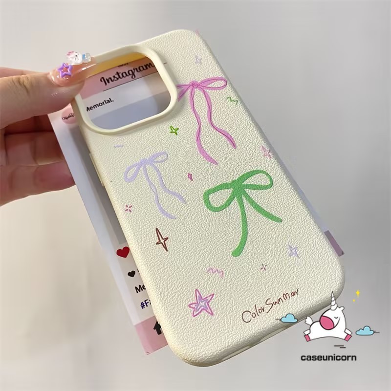 Cartoon Retro Colorful Bow Case Compatible for IPhone 15 12 13 11 14 16 Pro Max XR X 15 14 16 Plus XS Max Creative Cute Graffiti Painting Luxury Leather Texture Skin Feel Soft Case. 