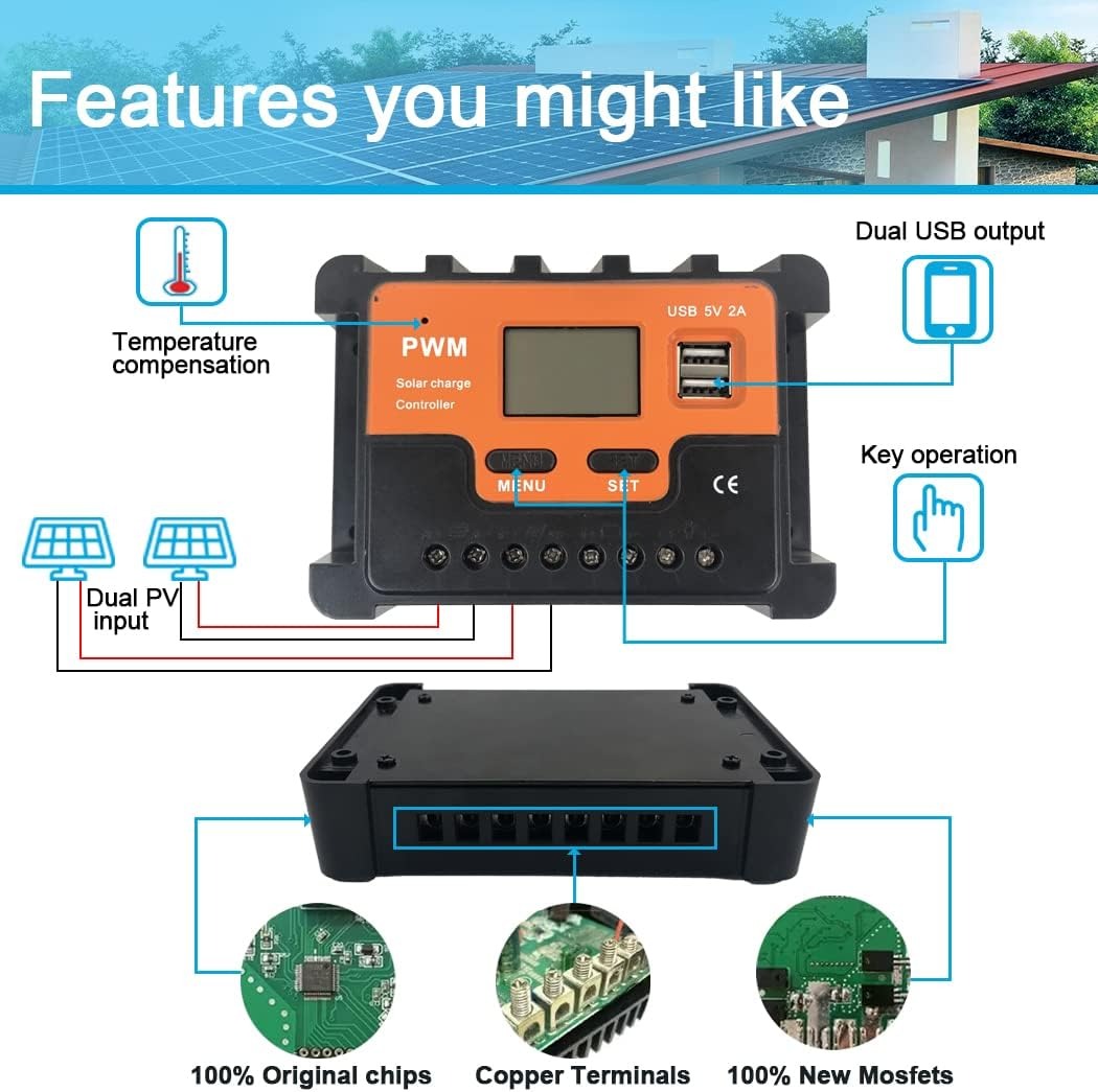 20amp/30amp PWM Solar Charge Controller 12V 24V Car LCD Display Intelligent Battery Controller for Lead Acid, Lithium. 