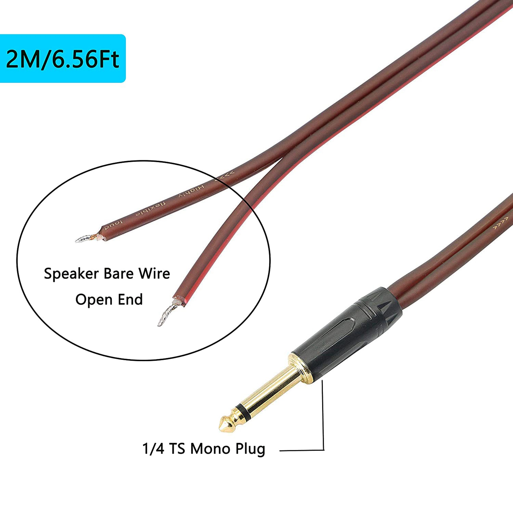 1/4 TS to Speaker Bare Wire,Audio Cable to 6.35mm Male Mono Adapter Replacement Open End -Plated OFC HiFi TS Speaker. 