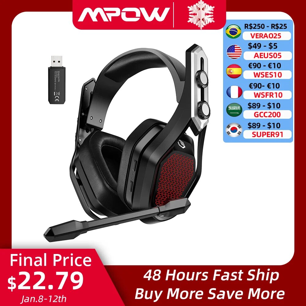 Mpow Iron Pro Wireless Gaming Headset USB/3.5mm Headphone with Noise Canceling Mic 3D Surround 20h Playback for PS5 PS4 PC Gamer