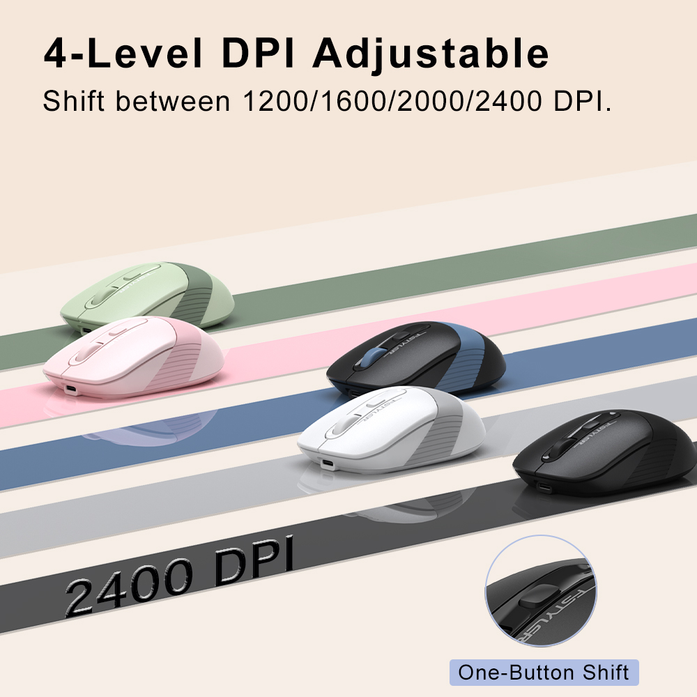 A4tech FB10C Multimode Rechargeable Wireless Mouse - Bluetooth + 2.4G - Connects upto 3 Devices - 1200 to 2400 DPI - Type C Charging - For PC/Laptop/Tablet/Smart TV - Grey/Blue/Green/Pink. 