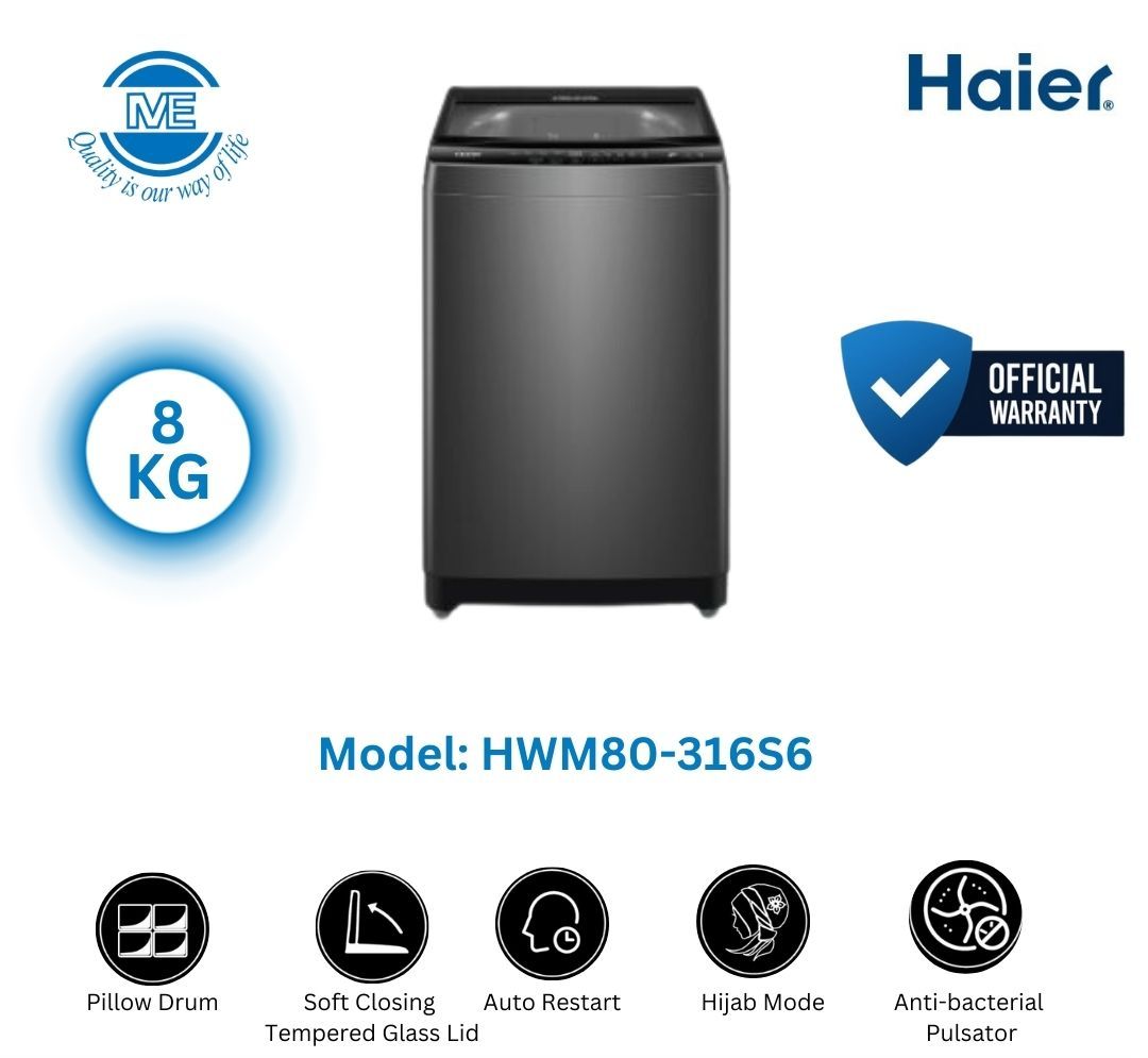 HAIER 8 KG Top Load Energy Saving Washing Machine With 3D Rolling Wash, Anti-Bacterial Technology, Free Delivery and Official Warranty | HWM80-316S6