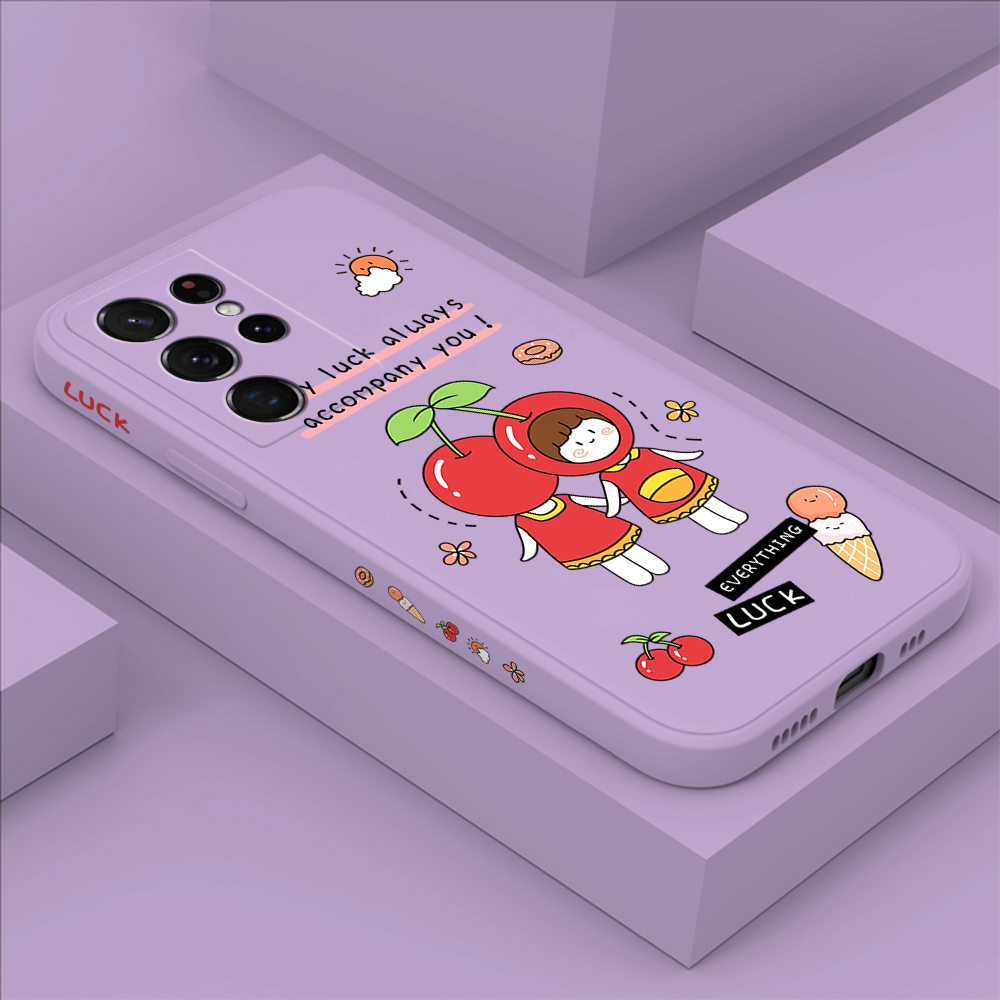 For Samsung S21 Ultra 5G Fashion Cherry Girl Design Side Design Phone Case Square Edge Pattern Liquid Silicone Casing Full Cover Camera Shockproof Protection Case. 