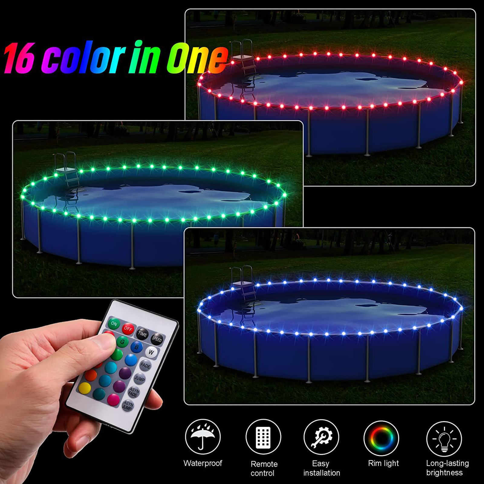 Battery Operated Pool Light Colorful Remote Control Pool Led Strip Light Waterproof Above Ground 16 Colors Available less Than Led Pool Light. 