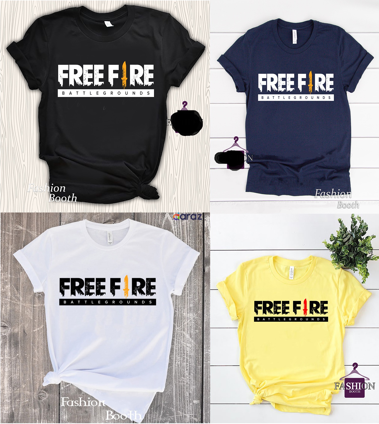 4 ps t-shirt Combo pack 4color Free Fire Navy Blue, Black,white and light yellow Short Sleeves T Shirt For Men Free Fire Battleground