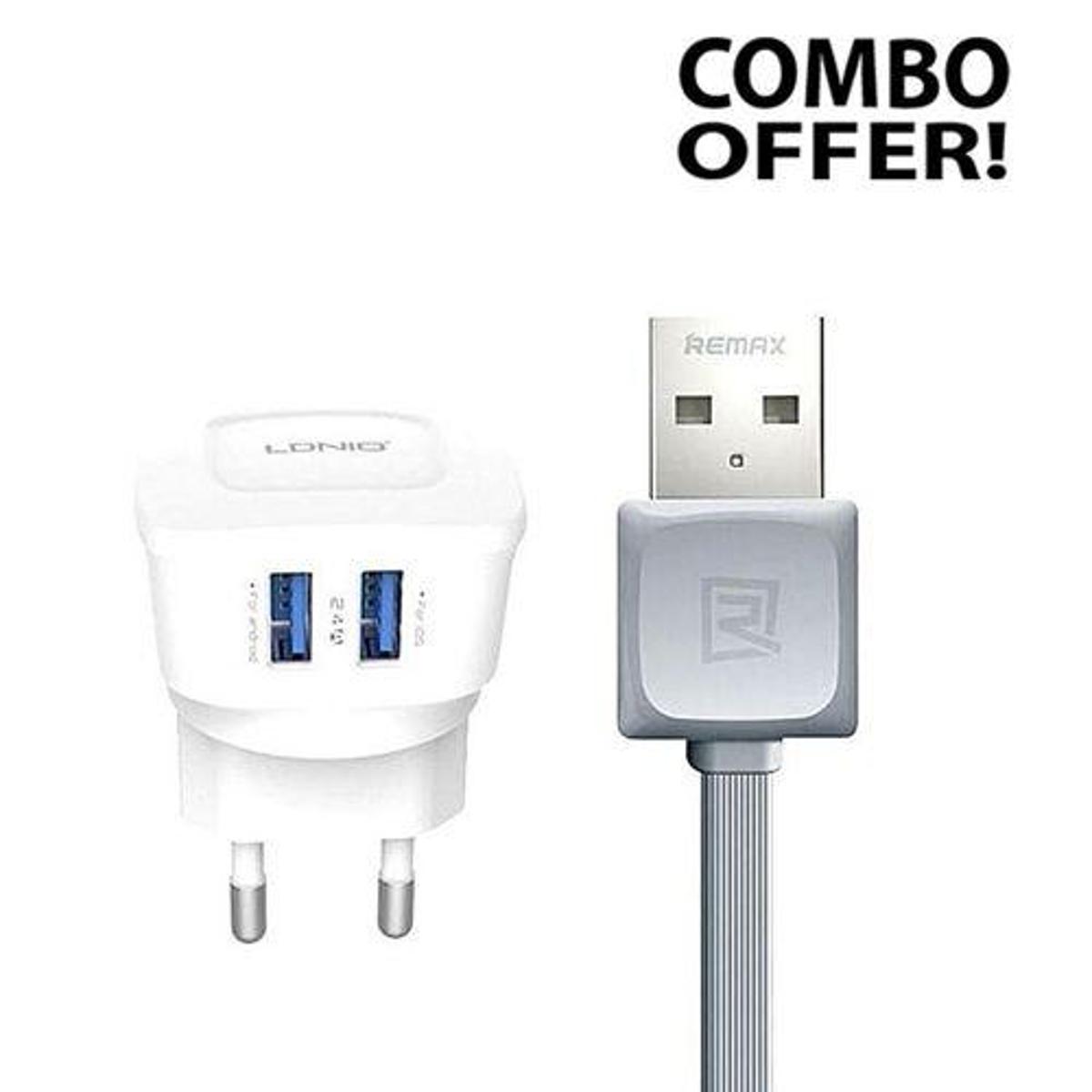 Combo Offer Ldnio DL-AC63 - Dual Port USB Charger for Android and iOS and REMAX  Fast Data Cable 1000M Micro USB-   White