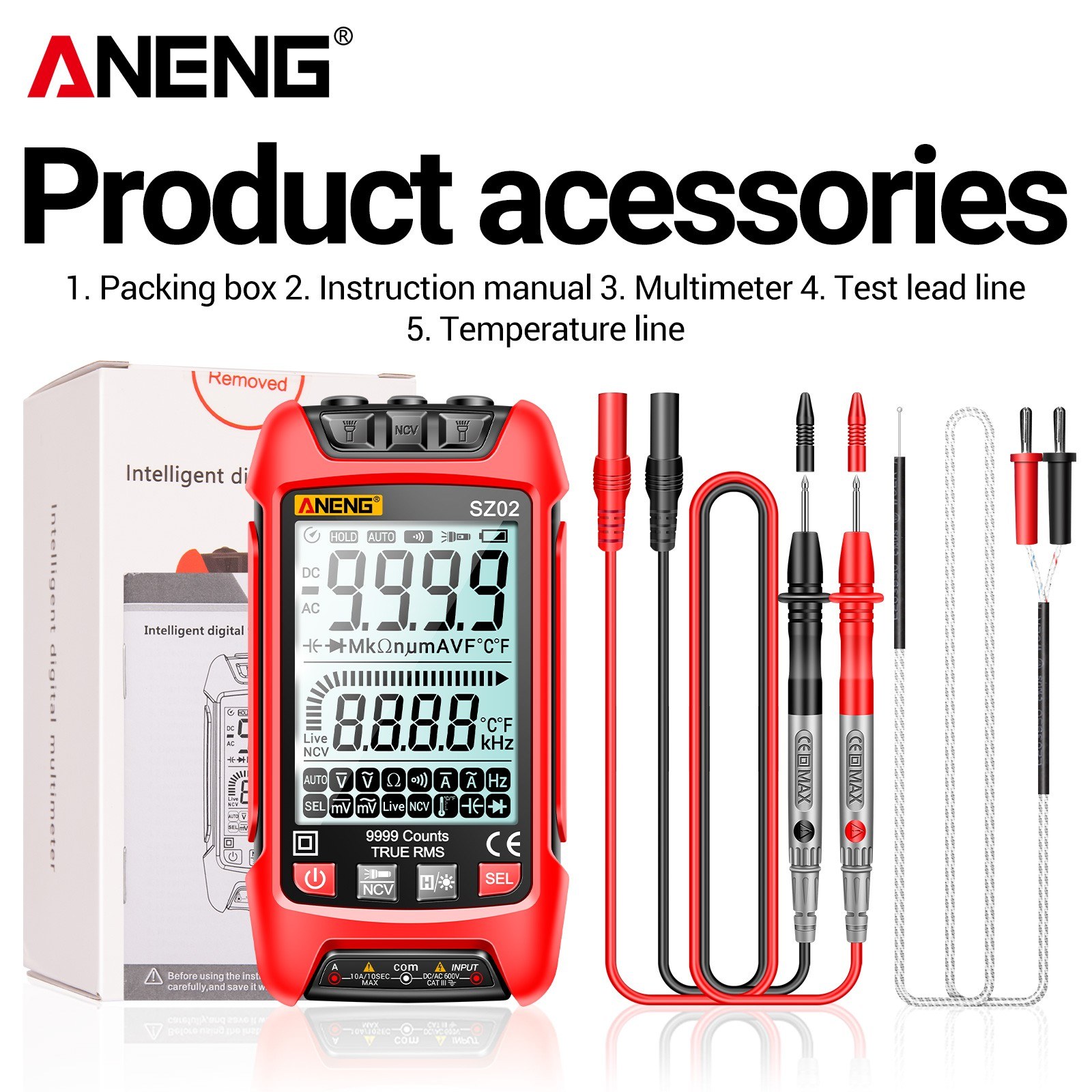 ANENG SZ02 Smart Digital Multimeter Auto Range 9999 Counts NCV Universal Meter Handheld Multifunctional Tester Voltmeter Ammeter with Backlight Flashlight AC/DC Voltage & Current Resistance Capacitance Frequency Temperature Measurement