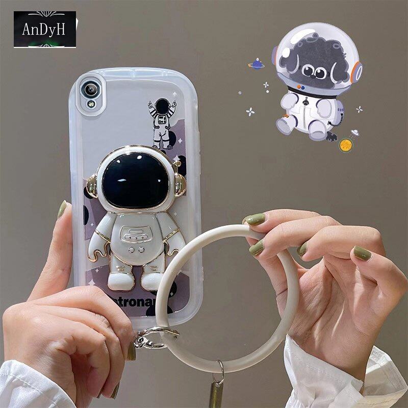 AnDyN Phone Case For Vivo Y91C Y1S 1820 Astronaut luxury Texture Silicone Soft Shell Case with bracket and wrist strap bracelet
