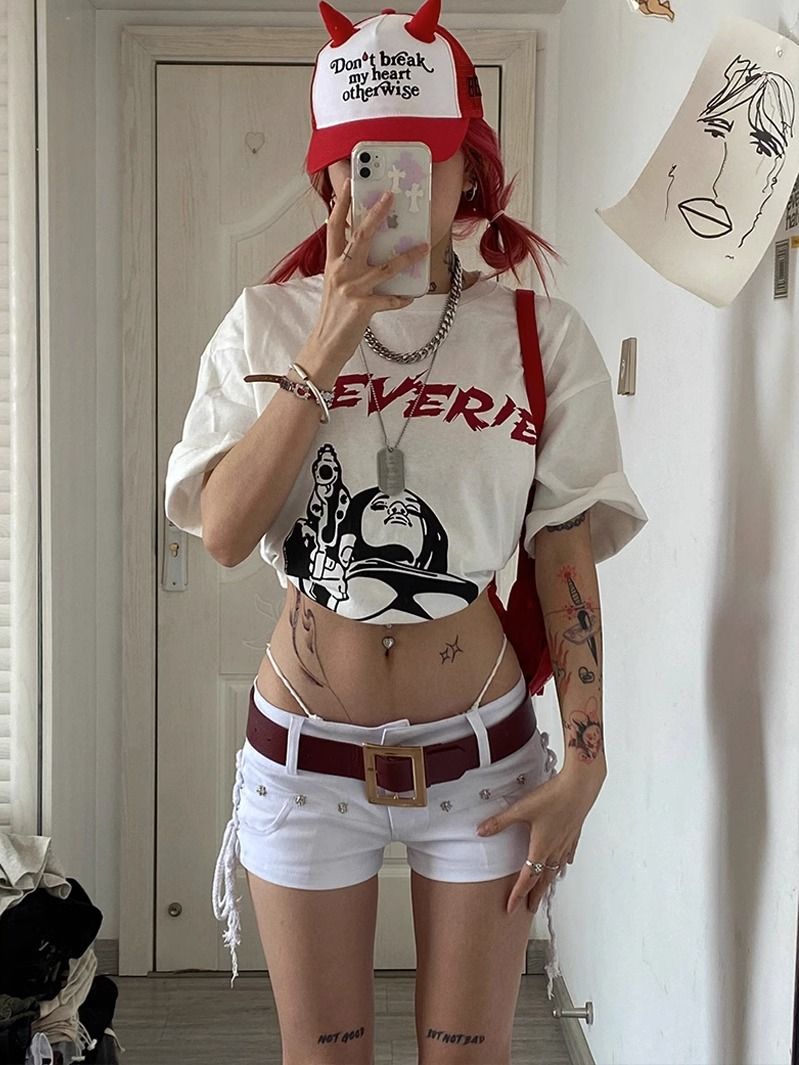 American Hot Girl Low Waist Super Short Shorts Women's Summery2kHot Pants European and American Rivets White Sheath Jeans. 