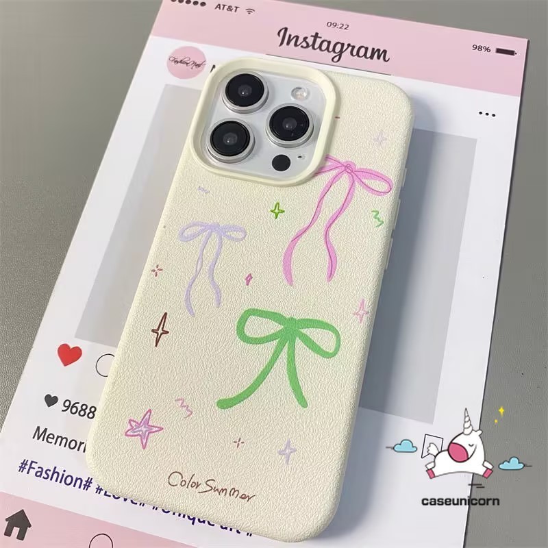 Cartoon Retro Colorful Bow Case Compatible for IPhone 15 12 13 11 14 16 Pro Max XR X 15 14 16 Plus XS Max Creative Cute Graffiti Painting Luxury Leather Texture Skin Feel Soft Case. 