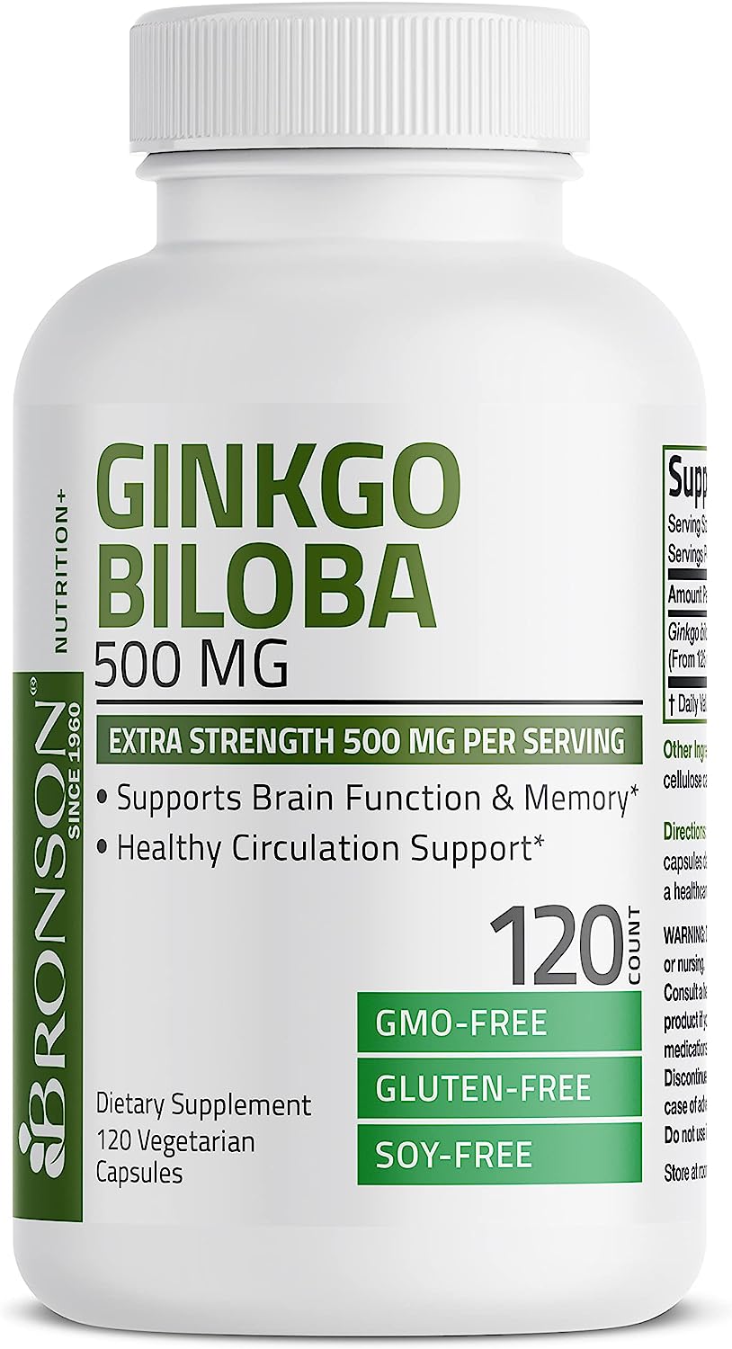 Bronson Ginkgo Biloba 500mg Extra Strength Supports Brain Function & Memory Support, 120 Vegetarian Capsules. 