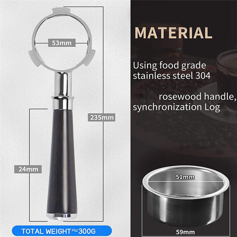 51mm Portafilter 3 Ears, Stainless Steel, with Wood Handle and Filter. 