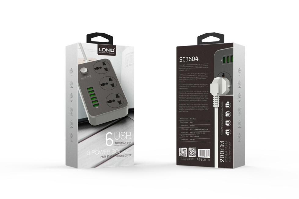 LDNIO SC-3604 Hybrid 3.4A 6 USB Charger and 3 Electrical Socket Fast Charging Smart Power Strip [ 6 USB Charger 3 Universal Power Plug (EU/UK/US/AU)]. 
