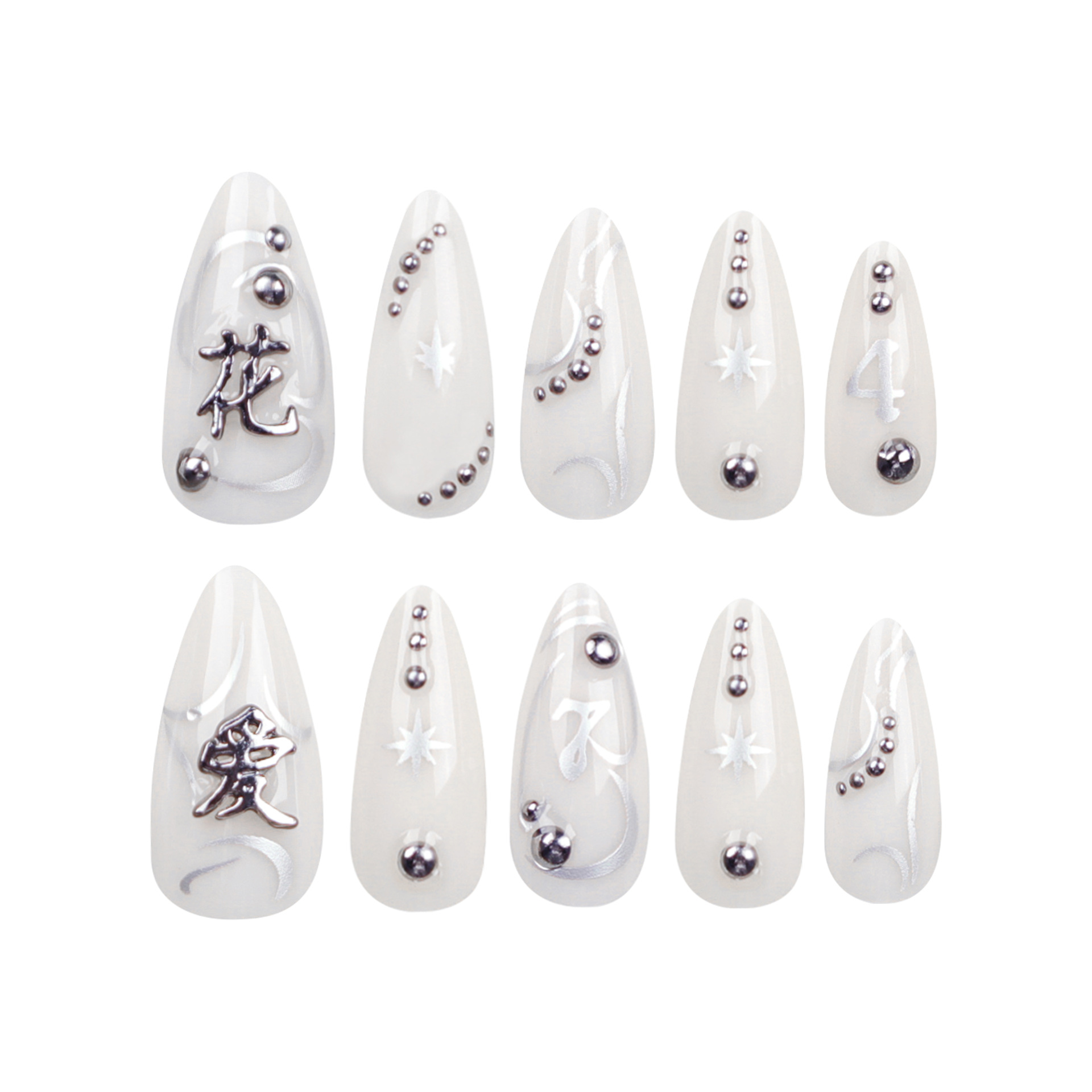 White Almond False Nails Goth 3D Chinese Character Beads Design Nails Patch Full Finished y2k Cool Artificial Nail Patch. 
