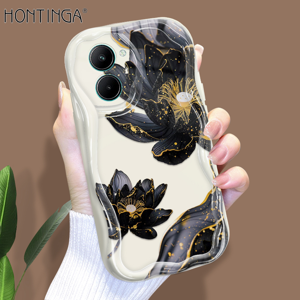 Hontinga for Realme C33 Back Cover Luckly Lotus Flowers Phone Case Cream Texture Wavy Edge Soft Mobile Cover