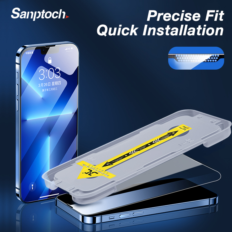 Sanptoch Full Screen Protector With Easy Install Kit For iPhone 15 14 13 12 11 Pro Max Plus Tempered Glass For iPhone X Xs Max XR Privacy GreenRay HD Dust Proof Protective Film