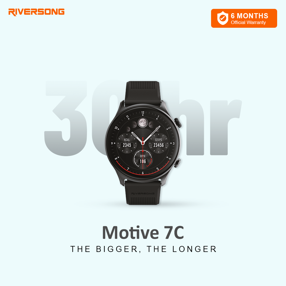 Riversong Motive 7C, High resolution Screen with Always on Display, Crown Navigation and 100+ sports mode, IP68 waterproof. 