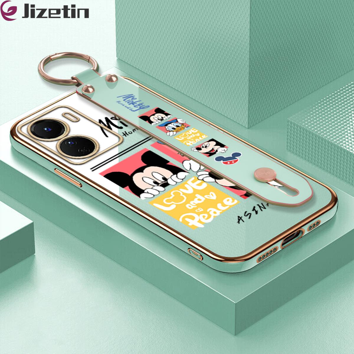 Jizetin for Vivo Y16 Back Cover Lovely Mickey Friends Luxury 6D Plating Wrist Strap Phone Cases Soft Silicone Square Mobile Phone Case