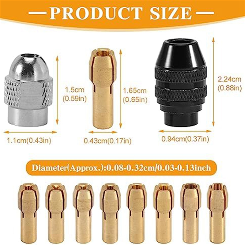 12 Piece 0.8-3.2mm Keyless Drill Chuck Collet Set 1/32 to 1/8In Replacement Metal Rotary Tool Sanding Drum 8 Sizes, Drill Tool Set. 