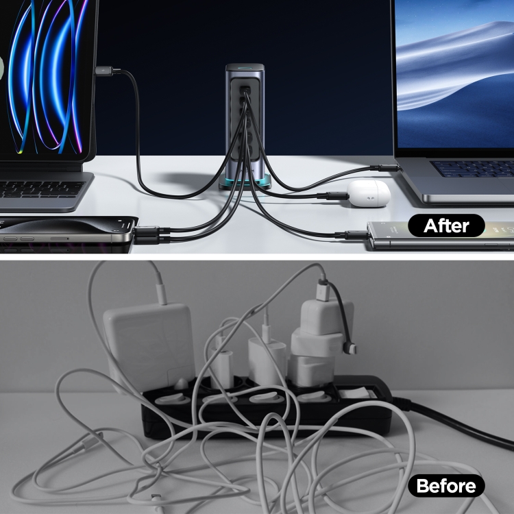 JOYROOM JR-TCM02 6 in 1 65W GaN 4 USB-C & 2 USB-A Multi-port Charger, Power Plug:UK Plug(Dark Gray) - 7