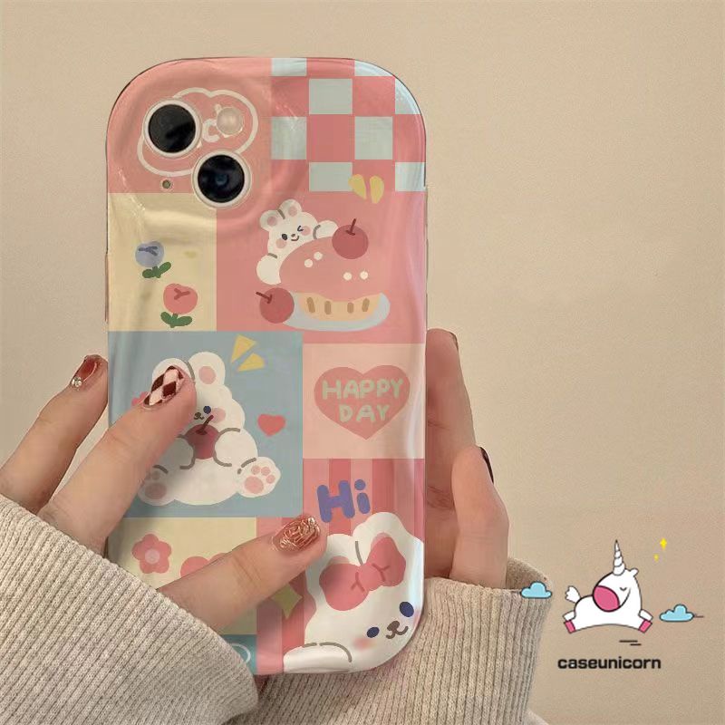 Colored Plaid Bear Rabbit Case For Realme C53 C35 9i 11 5 6i C15 C12 C25 C17 8i 5i 7 5s C11 C17 C55 C51 C30 C25Y C21 C25s C20 C31 C21Y C33 C3 Bunny Doodle 3D Soft Cover. 