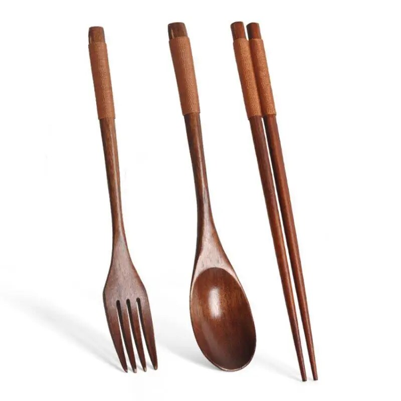 3PCS Wooden Cutlery Set Wood Chopsticks Spoon Fork Japanese Style Spoon Fork Chopsticks Set Spoon Portable Tableware With Bag. 