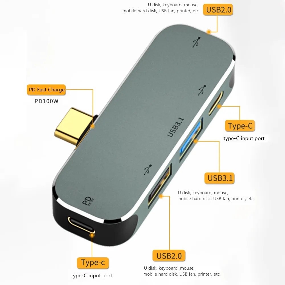 Multi-function 6 in 1 Type-C Hub 3.55mm Jack PD100W USB3.0/USB2.0/USB3.1 HDMI-Compatible USB Extender Hub. 