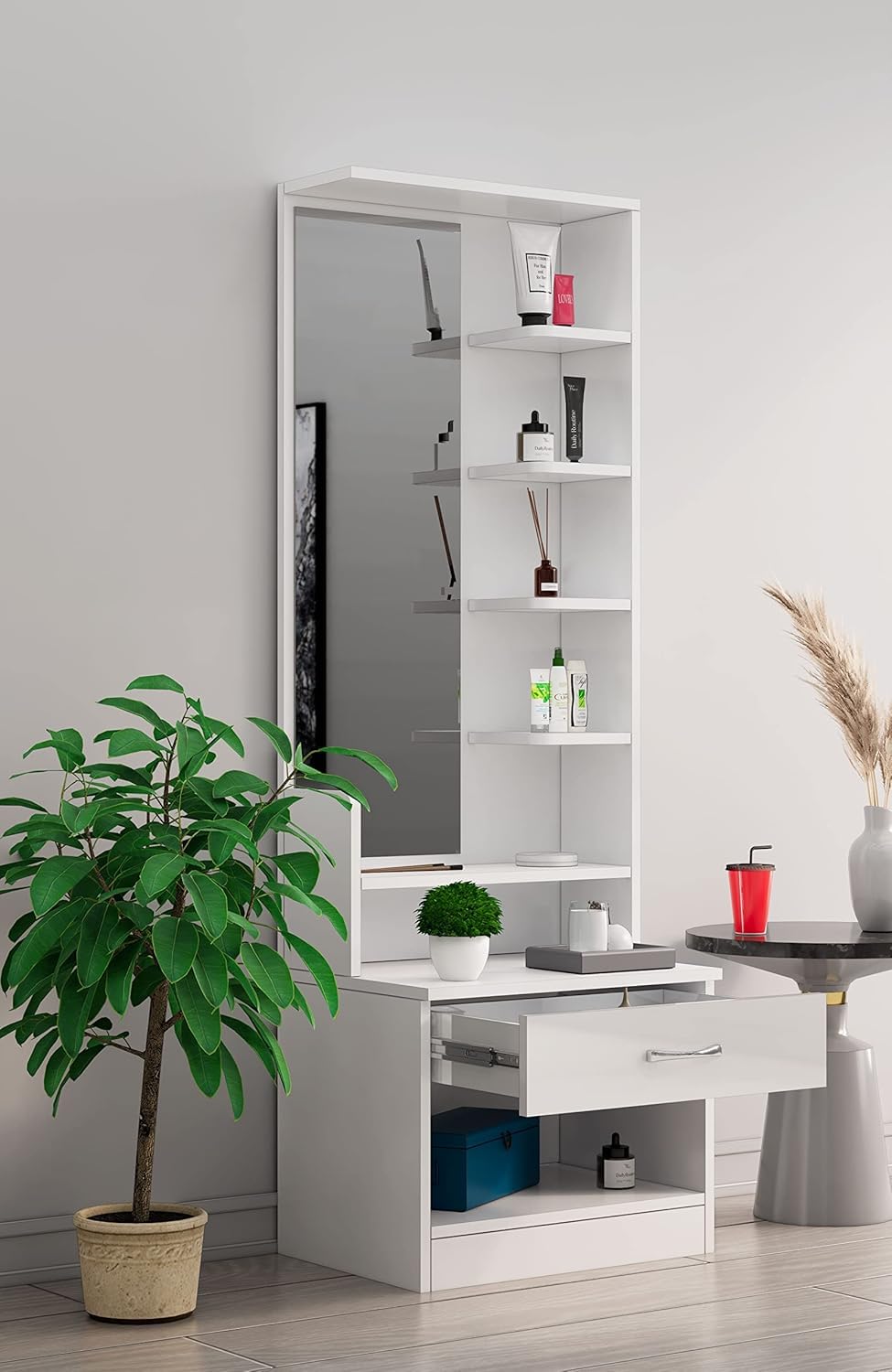 Bniture Dressing Table for Bedroom with 1 Drawer, Mirror and Huge Storage Space | Long Dresser Vanity Table with Mirror | 5 Year Warranty(Frosty White)72/24. 