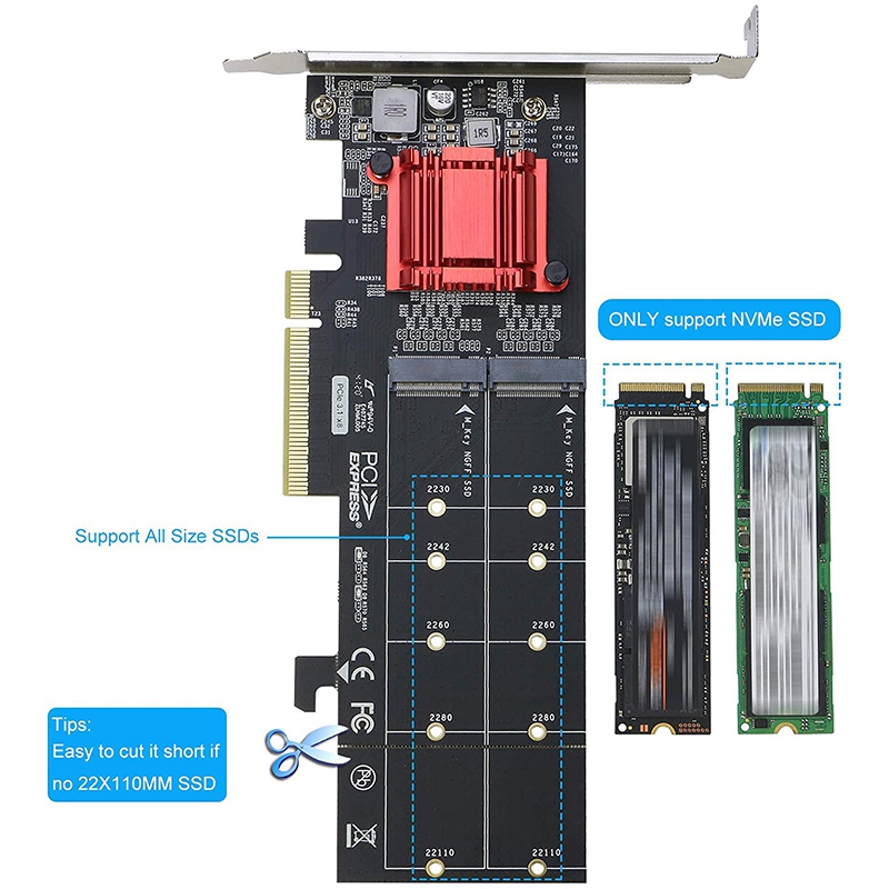 Dual NVMe PCIe Adapter,M.2 NVMe SSD to PCI-E 3.1 X8/X16 Card Support M.2 (M Key) NVMe SSD 22110/2280/2260/2242. 