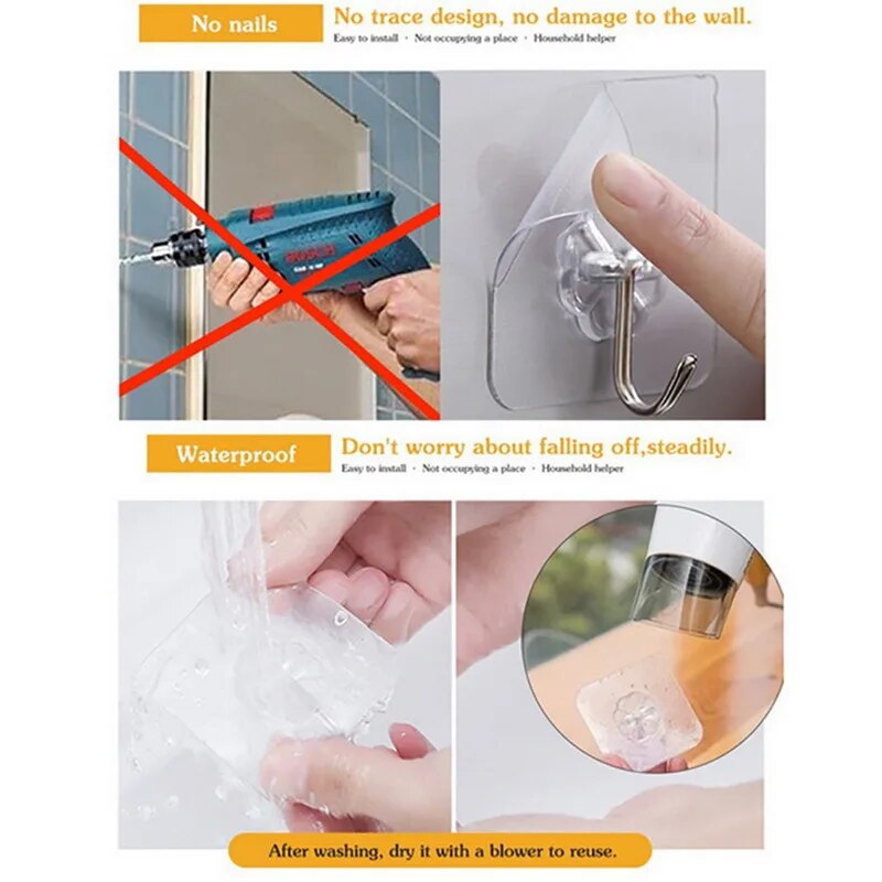 10pc Transparent Hooks Strong Self Adhesive Key Storage Hanger Multi-Function Towel Hanging Hook For Kitchen Bathroom Storage. 