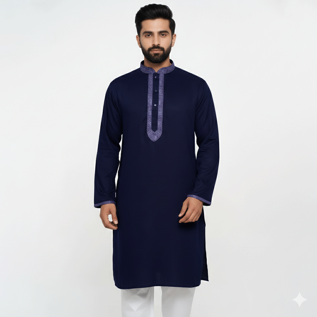 Soft Linen Fabric Blue Panjabi for Men | Premium Quality Comfortable Ethnic Kurta | Lightweight Breathable Summer Wear | Stylish Traditional Outfit for Eid, Wedding & Festive Occasions | Modern Fit Classic Design Panjabi for Smart & Elegant Look