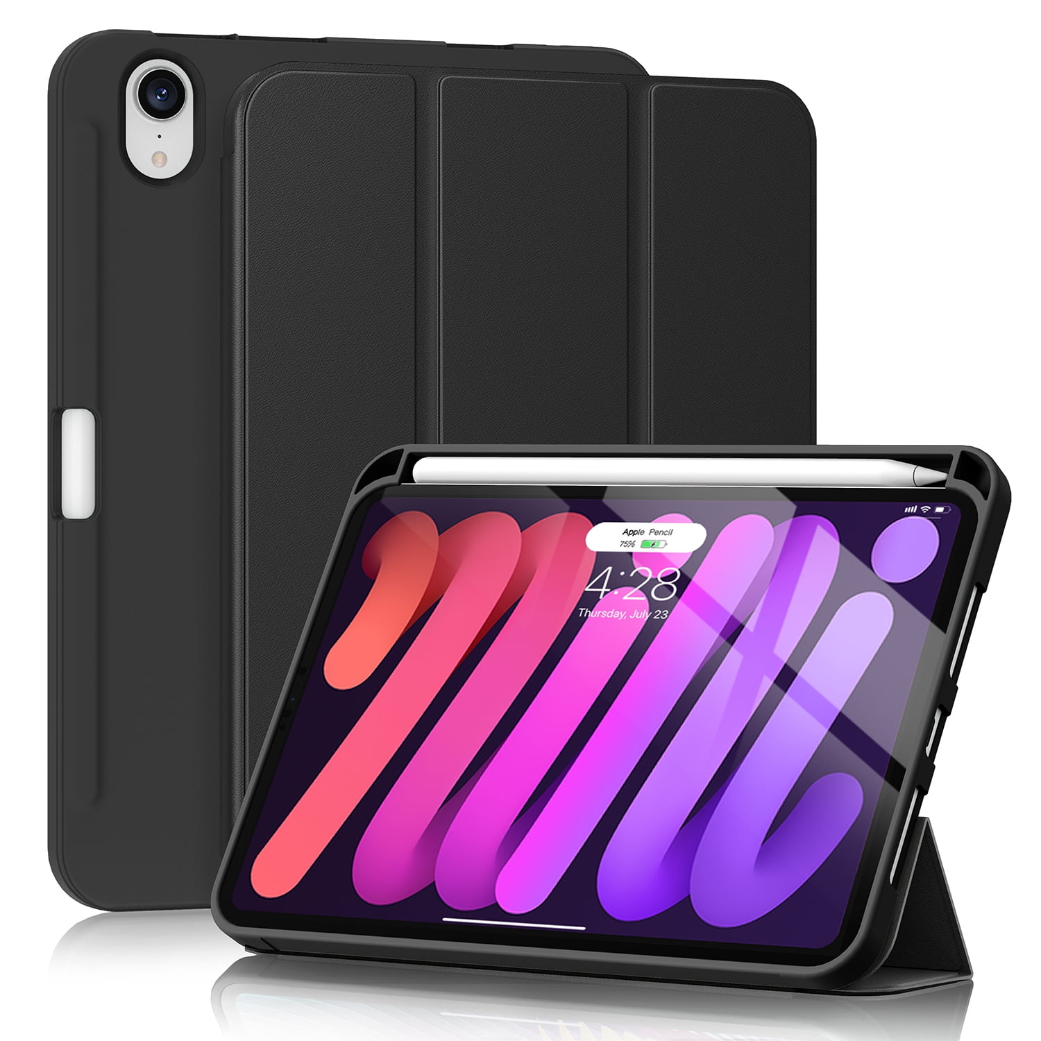 For Apple iPad Mini 7/6 Case 2024/2021 (A17 Pro), for iPad Mini 7th/6th Generation Case 8.3 Inch with Pencil Holder, Slim Trifold Stand Cover with Soft TPU Back, Auto Sleep/Wake, Black/ Navy Blue Model: A2568 (Global)A2995 (Global), A2996 (China)A2993