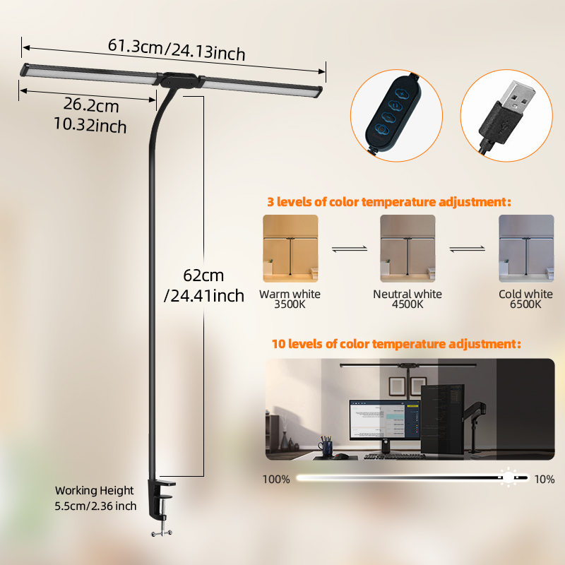 Double Head LED Desk Lamps Stepless Dimmable Led Computer Monitor Light USB Table Lamp for Office Study Reading Lighting Fixture. 