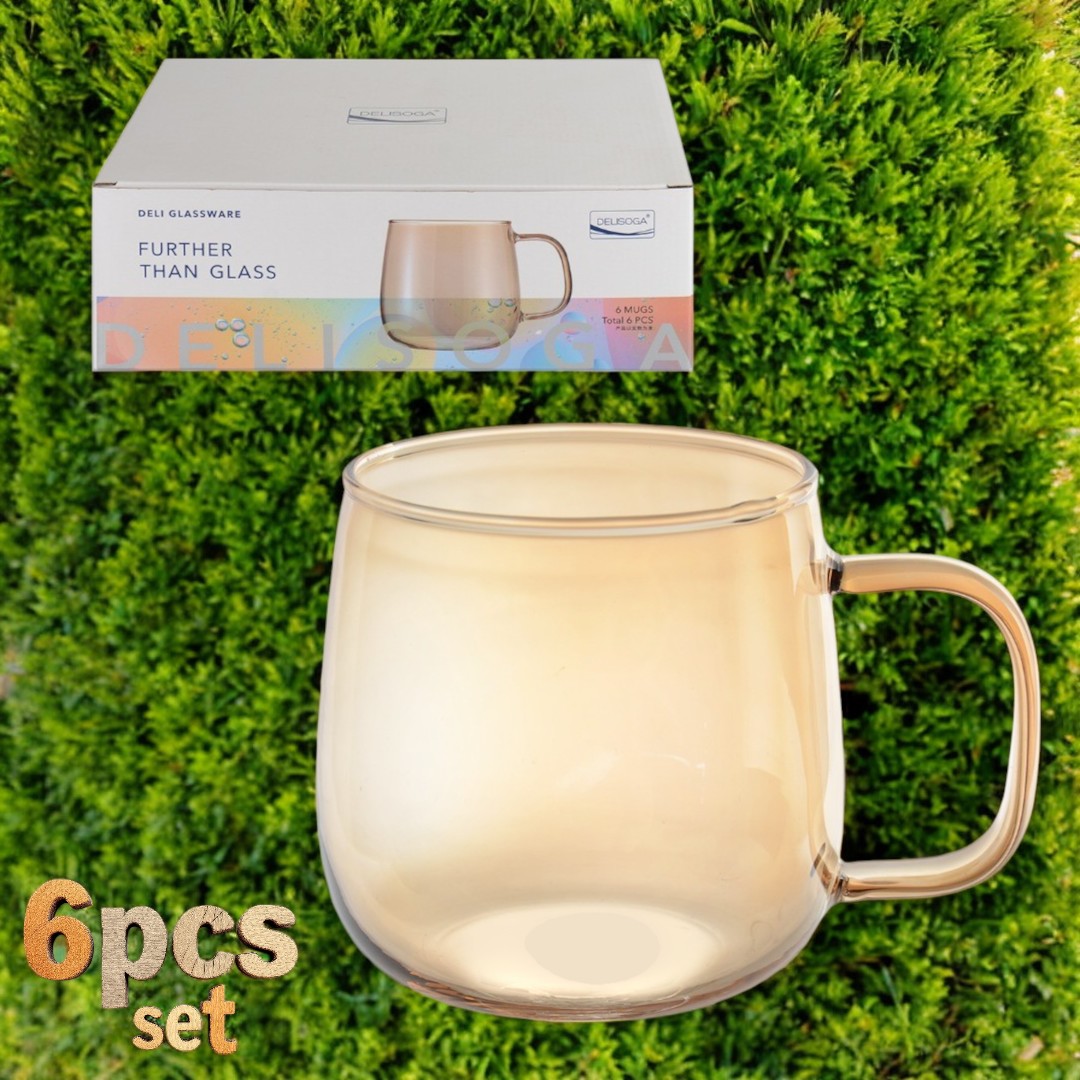Pack of 6 Golden Borosilicate Glass Mugs - 520ml, Microwave Safe, Scratch Resistant, Lightweight, Round Shape, No Lid, Ideal for Tea, Coffee, Milk, Hot & Cold Drinks, GPB27HA-L6.