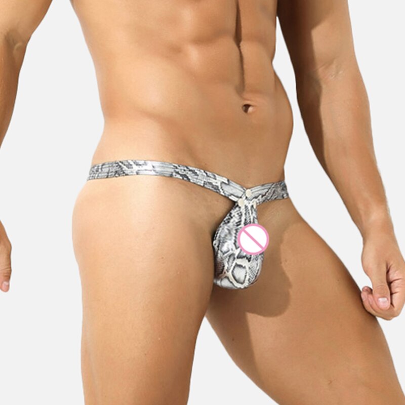 CLEVER-MENMODE Men Thong G String Underwear Pouch Hole Panties Faux Leather Lingerie T-back Hombre Snake Skin. 