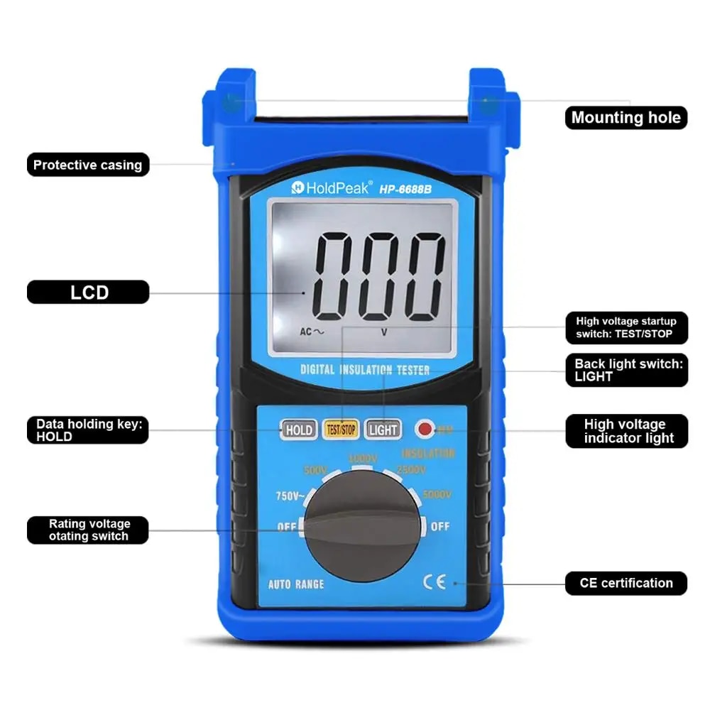 Hold-Peak HP-6688B 200MΩ Insulation Resistance Tester Megometer Digital Handheld Meter 5000V Auto Range Insulated Anti-Magnetic. 