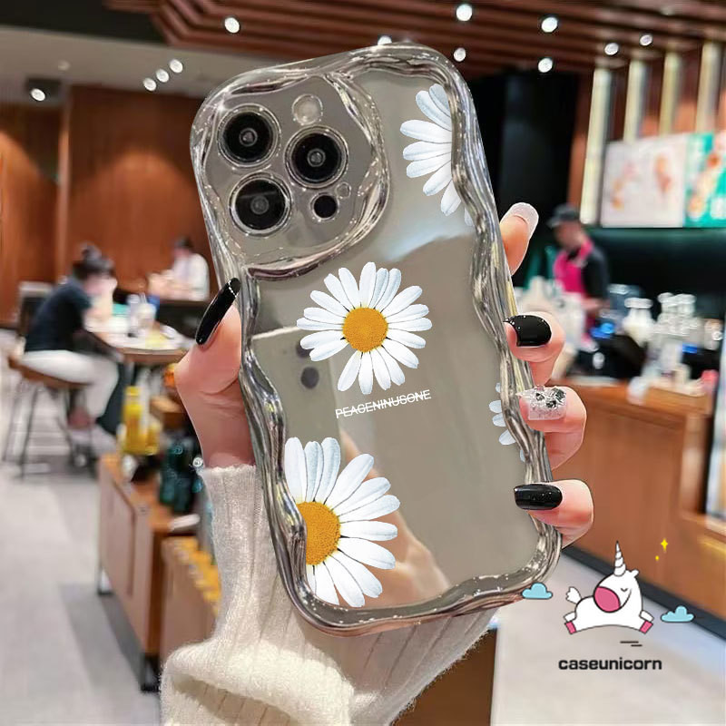 Art Retro Painting Cartoon Little Daisy Flowers Case Compatible for IPhone 15 13 14 11 12 Pro Max XR 7 6s 15 6 8 Plus X XS Max SE2020 Luxury Mirror 3D Wavy Curved Edge Plating Case. 