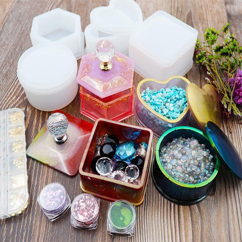 4 Pack Box Resin Jewelry Box Heart Shape /Hexagon/Round and Square Epoxy Containers with Lid. 