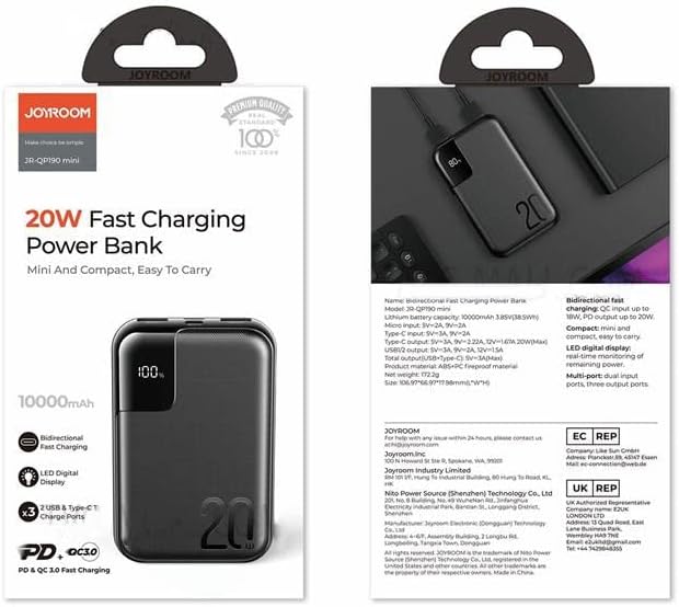 Joyroom JR-QP190 Mini 10000mAh PD Fast Charge Power Bank 20W with LCD Display. 