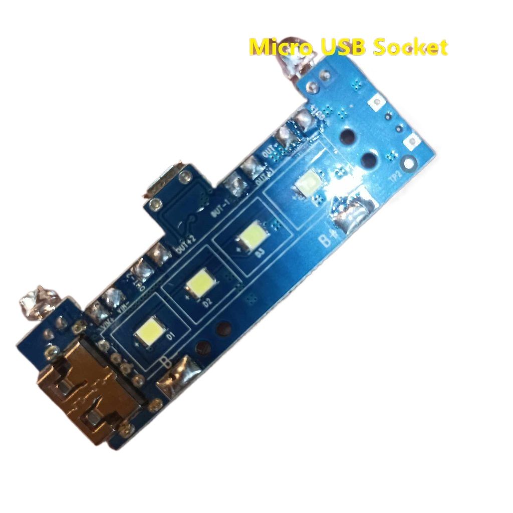 BLUE SINGLE USB Power Bank Circuit With LED Indicator & LED Light Input 5V 2A Micro USB Socket Output 5V 2A USB For 18650 Battery Charging Module 3.7V Battery. 