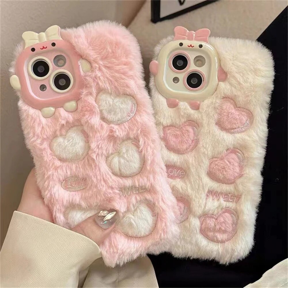 Korean Warm Winter 3D Cartoon Cute Plush Love Heart Soft Case For IPhone 14 Pro Max 15 Pro Max 13 12 11 Shockproof Back Cover. 