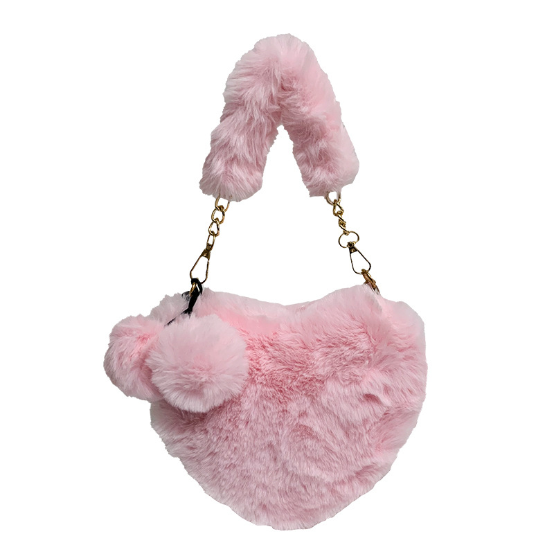 Korean version of plush heart-shaped peach heart bag autumn and winter new plush bag ins one-shoulder cross-body hand-chain women's bag. 