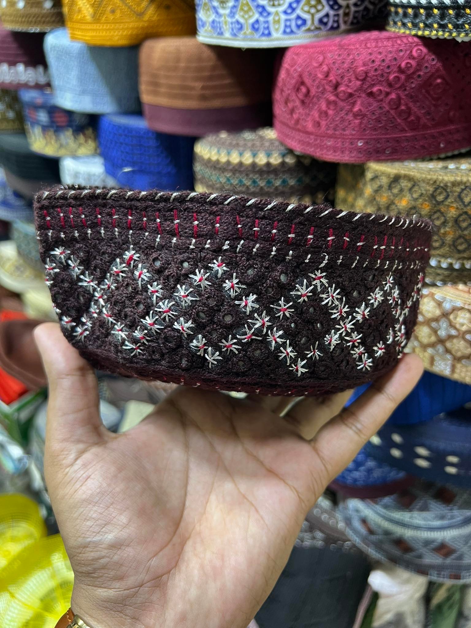 Beautiful Design & Coffee Color Pakistani Hand Made Glass Stone Setting Tupi for Men (Size 55,56). 