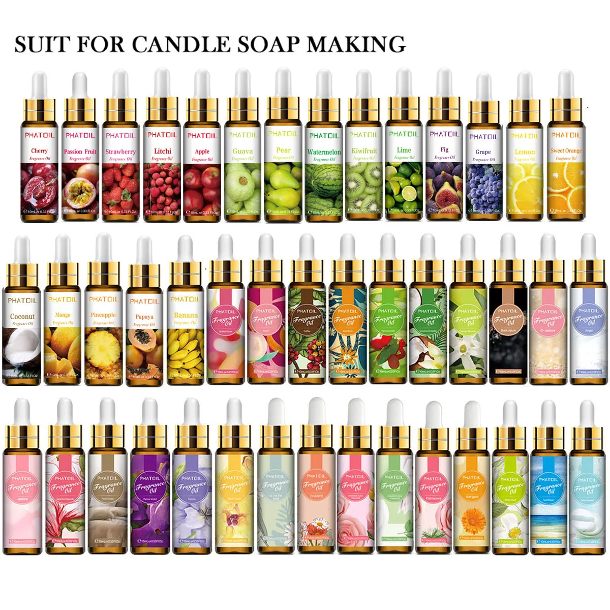 PHATOIL 10ml Fragrance Oil for Scented Candles Soap Making Diffuser Peach Angel Sea Breeze Coconut Vanilla Bubble Gum Strawberry. 