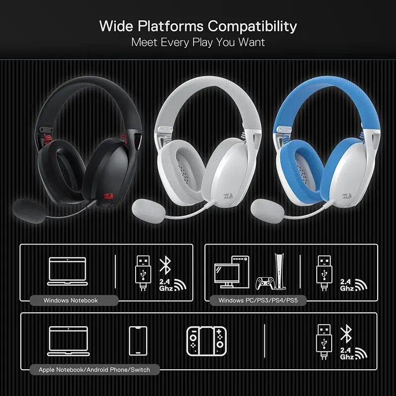 Redragon H848 Headset Bluetooth Wireless Gaming Lightweight 7.1 Surround Sound 40MM Drivers Detachable Microphone Multi Platform. 