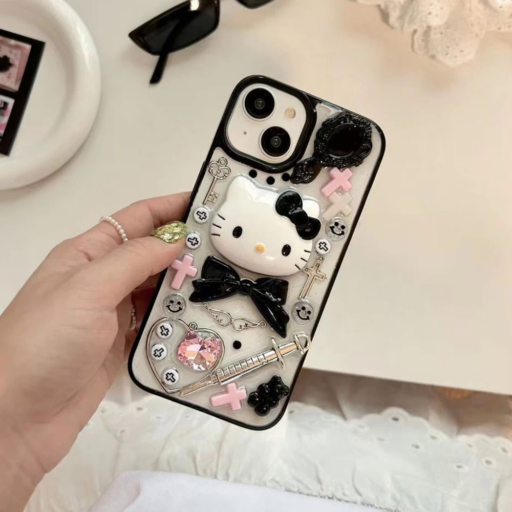 【Emotion HENG】Sanrio 3D Hello Kitty with bracelet clear phone case for iPhone 15 14 13 12 11 pro Max 15pro anti-fall back cover Y2K girl gift. 